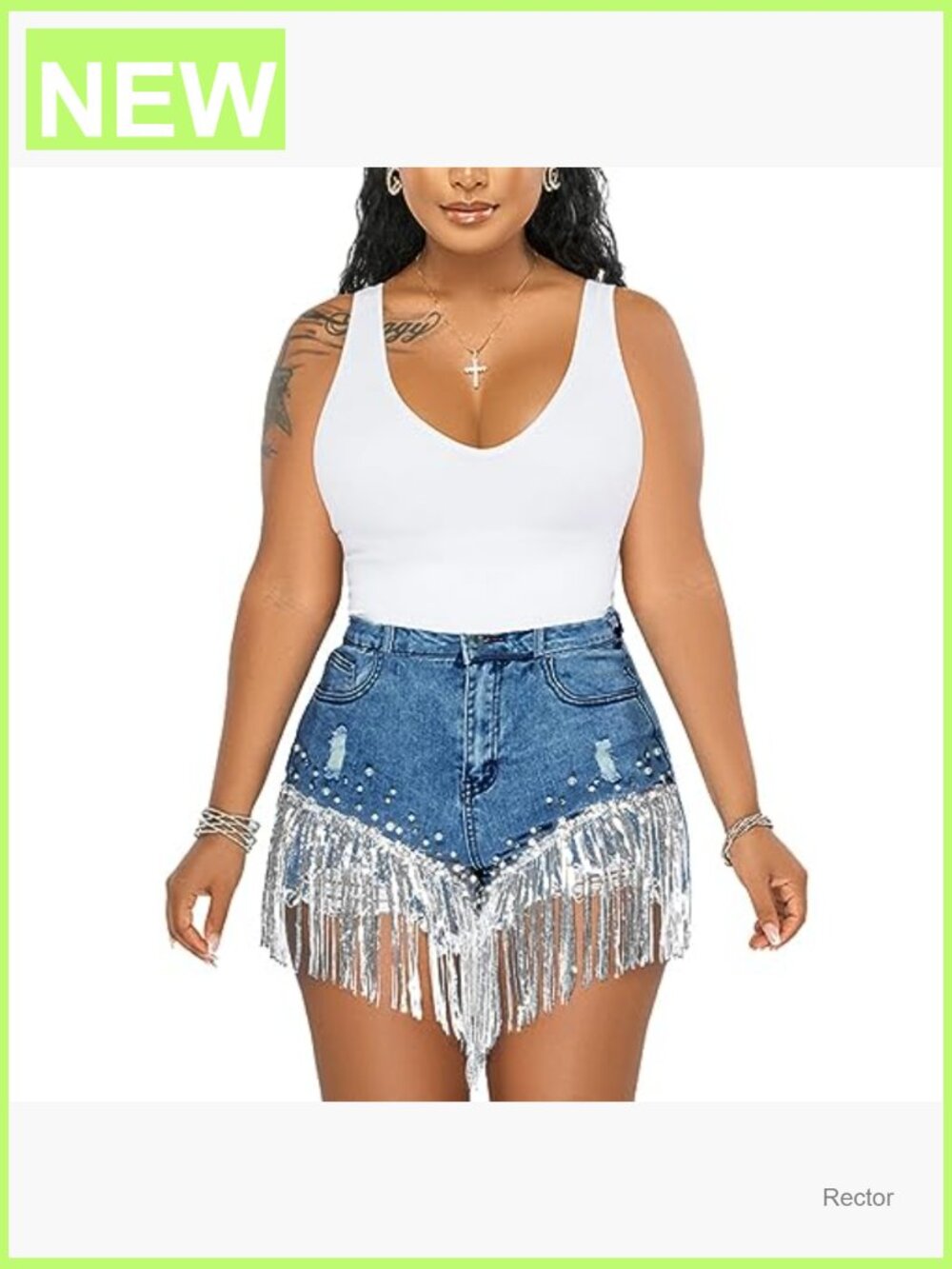 High Rise Rhinestone Fringe Denim Shorts - Distressed Ripped Jean - Picture 5 of 7
